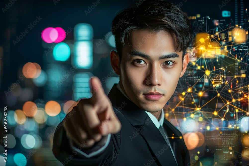 Poster A businessman points to a futuristic cyber technology concept using a hud graph and bar