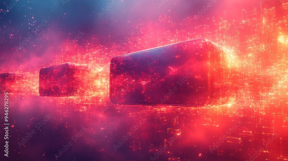 Poster digital data stream - red glowing cubes