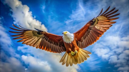 Obraz premium A majestic brahminy kite soars overhead, its vibrant reddish-brown plumage and forked tail glistening in the sunlight, against a bright blue sky with puffy white clouds.