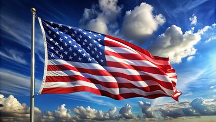 A majestic American flag waves gently in the wind, its vibrant stars and stripes forming a stunning silhouette in the shape of the contiguous United States.