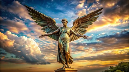 Fototapeta premium A majestic bronze statue of a winged figure with arms outstretched, standing on a pedestal, symbolizing freedom, hope, and redemption against a serene natural backdrop.