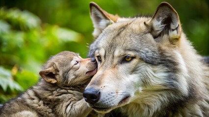 Obraz premium A majestic gray wolf tenderly cradles a sleeping human infant in its jaws, showcasing a heartwarming and unlikely display of wild maternal instinct in nature.