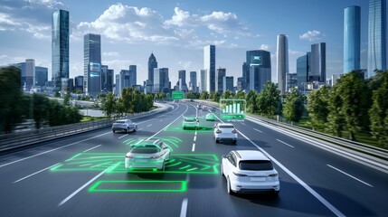 Concept of autonomous car sensor system for driverless-mode car control. Future adaptive cruise control capable of sensing nearby vehicles and pedestrians. Smart transportation technology.
