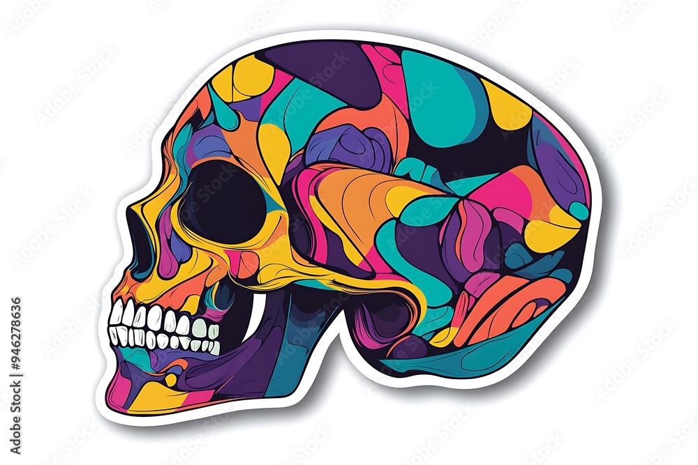 Poster digital sticker skull with abstract shapes - high-resolution vector art featuring bold lines and vib