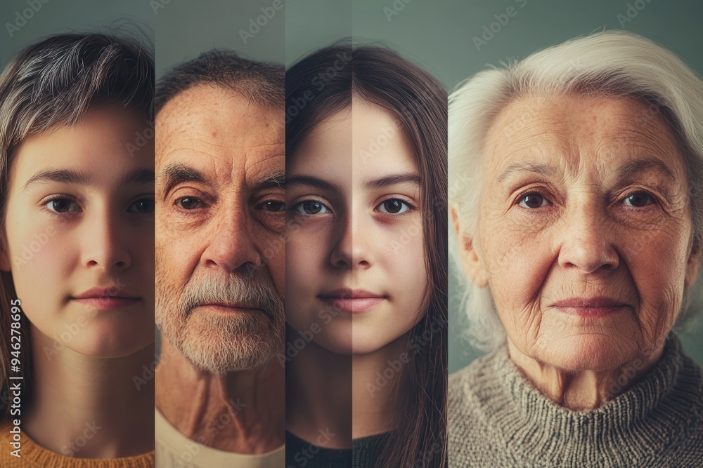 Poster Four distinct faces represent different generations, displaying changes in features and expressions, all set against a muted backdrop in gentle light. Generative AI