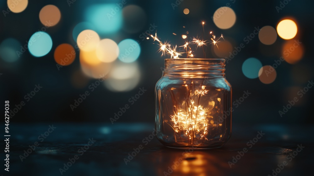 Poster sparkling lights in a glass jar surrounded by soft bokeh in an evening setting