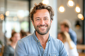 A man with a beard and a blue shirt is smiling