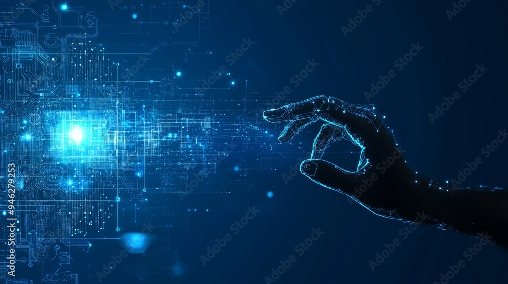 Poster The hand touch digital interface on a futuristic computer screen illustrates the concept of a virtual computer screen display or cyber communication hologram on a virtual reality cyberspace