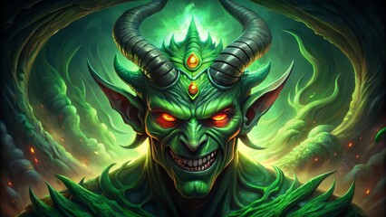 Naklejka premium A menacing green demon with horns and scales emerges from a swirling vortex of darkness, its glowing red eyes fixed on its next victim.