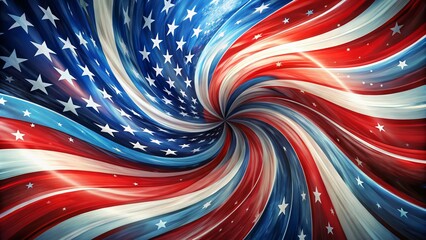 American flag-inspired abstract background featuring bold red, white, and blue stripes, swirling shapes, and textures evoking freedom, unity, and national pride.