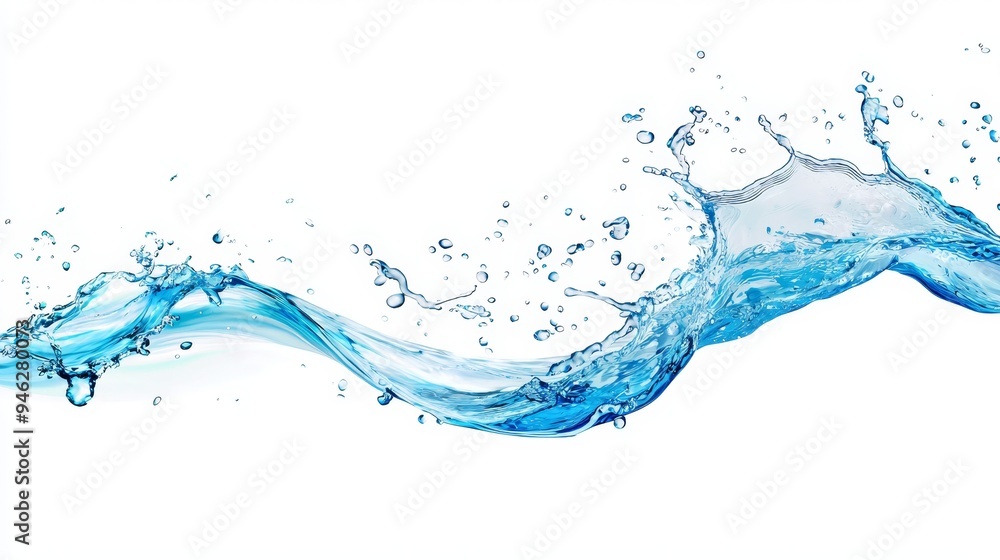 Poster blue water wave on abstract background with splashes and drops of water.
