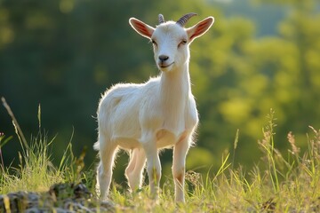 Obraz premium A young white goat stands alertly in a sunny, grassy field, basking in the warmth and surrounded by natural beauty.