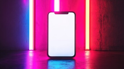 A modern smartphone with a white screen is on a concrete floor illuminated by pink and blue neon lights.