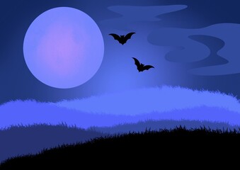 Fototapeta premium Halloween background with bats and moon. Horror illustration with bats and fog in blue color.
