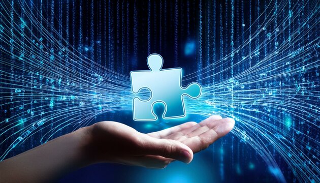 Hologram hand holding puzzle piece amidst binary code and data streams.