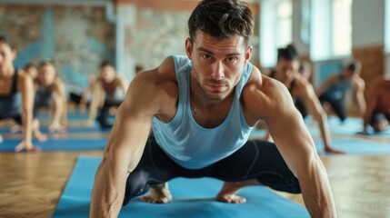 A man in a yoga class performing an advanced stretch with a focus on technique and form