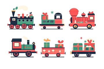 Festive Christmas Train Icons in Flat Design Style on White Background