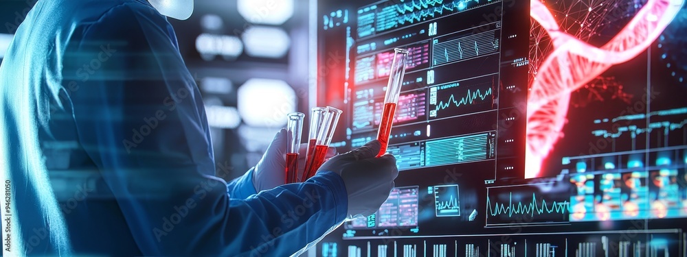 Poster An image of a wide banner hologram of a scientist holding a medical testing tube or vial containing blood cells and viruses for DNA genome sequencing biotechnology research