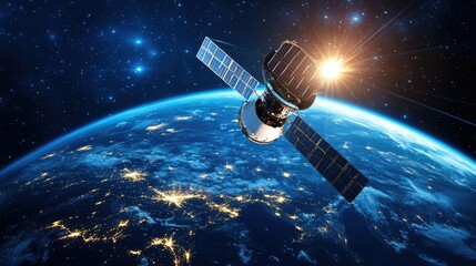 Satellite internet connections circling the globe, abstract design, space for copy