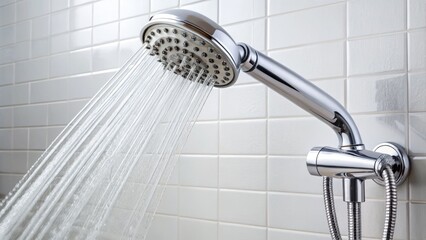 A modern handheld showerhead with multiple spray settings and a long hose is suspended from a sleek chrome shower arm against a white tile background. - obrazy, fototapety, plakaty