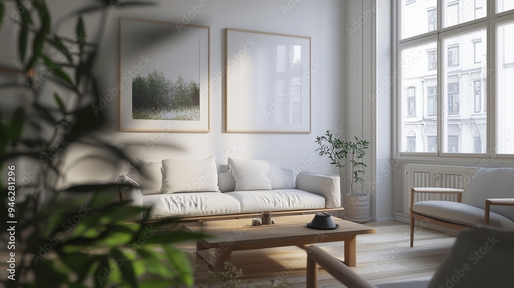 Poster The interior design of a Scandinavian-style home features an elegant living room with comfy cushions, midcentury furniture, cozy carpeting, wooden floors, and white walls.