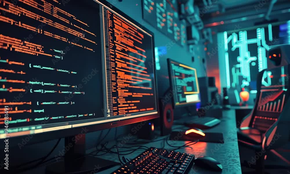Poster multiple computer screens with code, cybersecurity concept in blue tones