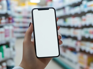 A hand holding a blank smartphone in a pharmacy aisle filled with products during daytime