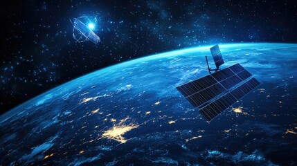 Satellite network circling a digital world, abstract design, ample space for copy