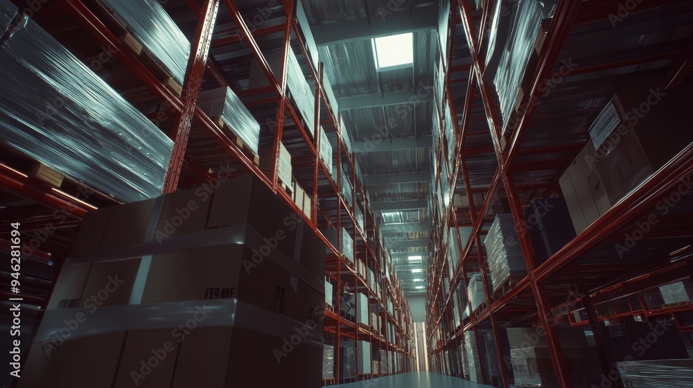 Poster a large warehouse with a variety of items. a row of shelves with boxes. logistics. inventory control