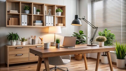 A modern, organized home office features a wooden desk with a sleek lamp, decorative vase, and tidy files amidst calming, soft-focused background elements.