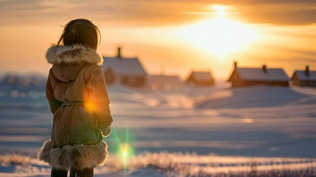 Inuit young child dressed in traditional fur clothing, standing proudly before a snow-covered yurt, peoples in extreme climates	
