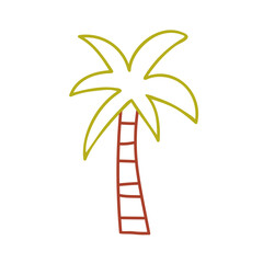 Palm tree in doodle cute childish naive style. Exotic tropical summer plant with trunk and leaf. Outlined contoured kids flat graphic vector illustration isolated on white background