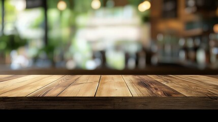 This background image shows an empty wooden table inside a coffee shop or restaurant. It can be used to show products or to create montage shots.