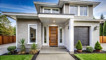 A modern suburban home exterior with a newly installed, sleek white door, replacing the old one, with a subtle contrast of old and new surroundings.