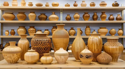 Collection of Intricately Carved Wooden Vases