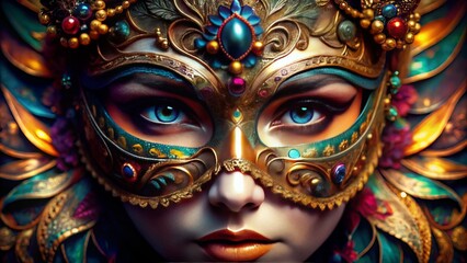A mysterious and alluring close-up of a pair of piercing eyes peeking out from behind a colorful, ornate Venetian carnival mask, shrouded in shadows.