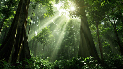 a dense forest with towering trees and sunlight filtering through the canopy