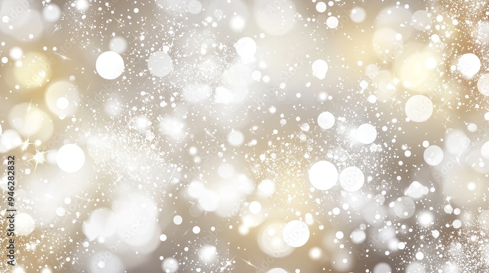 Poster decorative banner with silver and golden glitters and blurred bokeh effect.