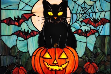 Colorful stained glass image of a black cat with glowing yellow eyes sitting on a pumpkin, surrounded by moonlit bats and spider webs, black cat design, Halloween stained glass art