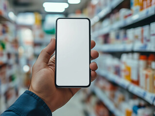 A hand holding a blank smartphone in a brightly lit pharmacy aisle stocked with various health products and medications