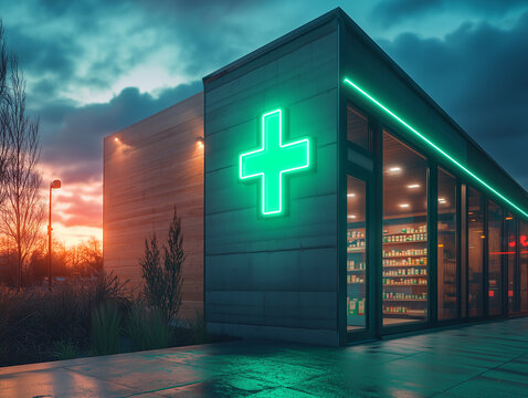 Modern pharmacy exterior with glowing green cross sign at dusk in an urban setting, showcasing a wide array of medications and products inside