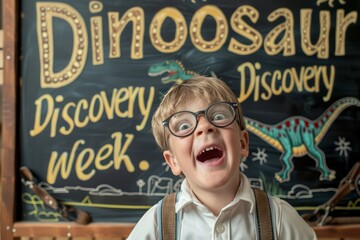 Boy with glasses and suspenders, thrilled in front of a chalkboard that advertises Dinosaur Discovery Week