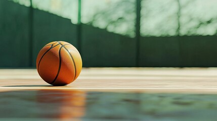 Single basketball on a court, close-up perspective, detailed texture, room for text