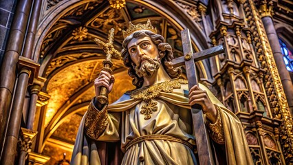 Ancient stone statue of revered Christian saint, depicted with sword and crucifix, surrounded by ornate detailing and gilded accents in a dimly lit, historic cathedral.
