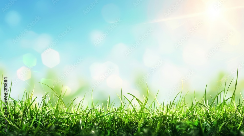 Poster an abstract spring meadow with light bokeh and a sunny blue sky.