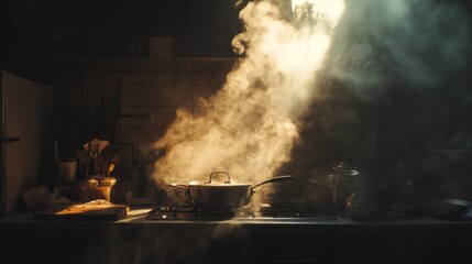A dark, smoky kitchen with a pot on the stove, steam and smoke rising as if from a freshly cooked meal, evoking a sense of warmth and home.