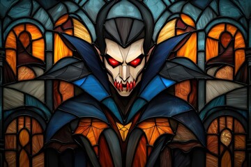 Intricate stained glass design of a vampire with sharp fangs and glowing red eyes, surrounded by gothic arches and bats, vampire art, Halloween stained glass decor