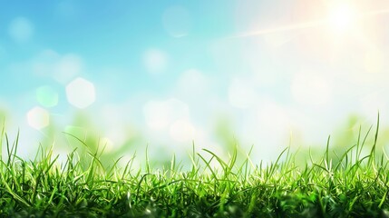 An abstract spring meadow with light bokeh and a sunny blue sky.