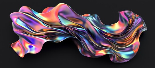 Obraz premium An iridescent wavy melted substance on a black background with a bold, holographic liquid blob shape.