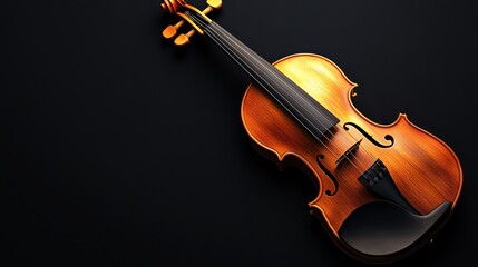 Fototapeta premium A vintage violin rests on a black background, its warm wood tones contrasting with the dark backdrop.